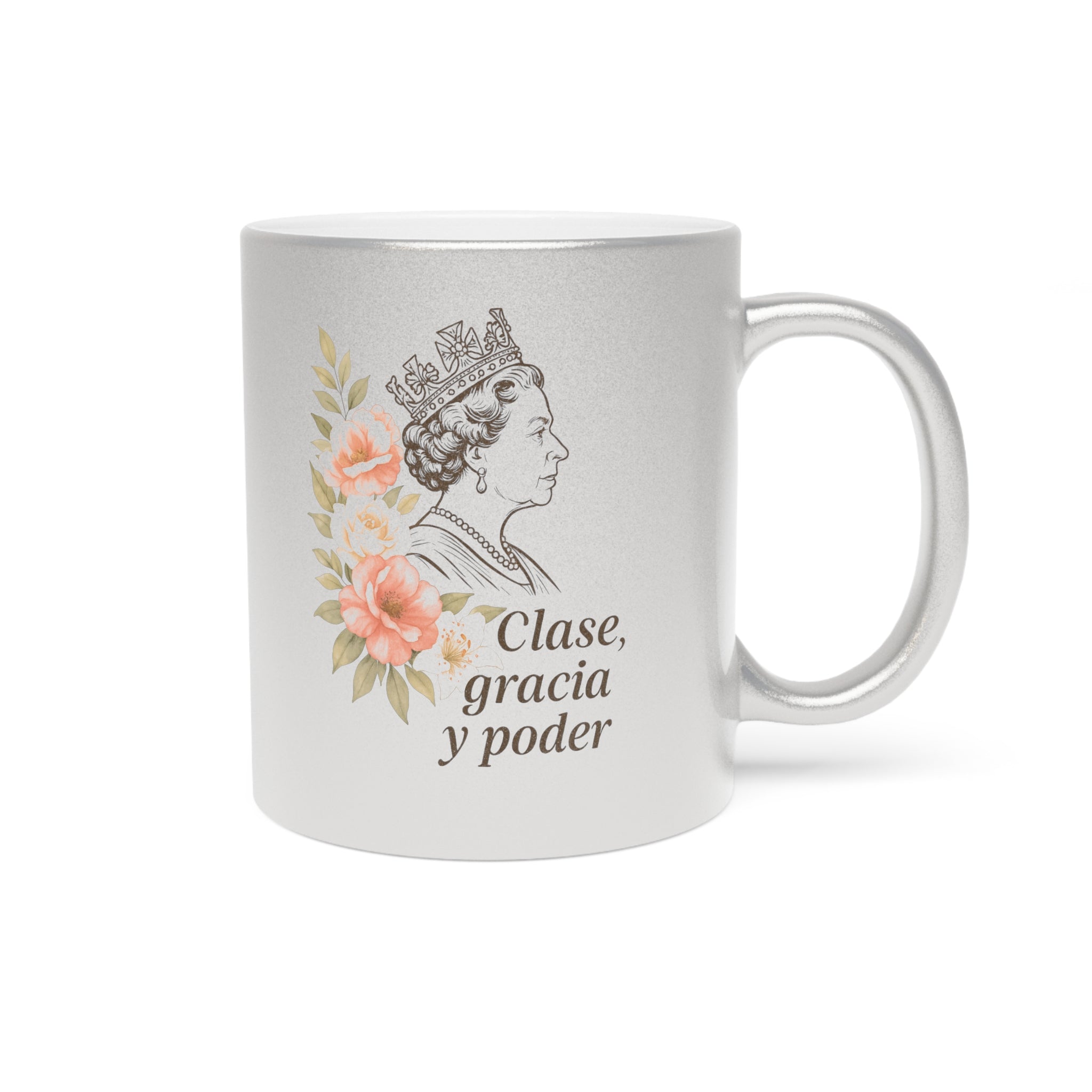 Taza Metálica “Clase, Gracia y Poder” Acabado Plata, Regalo de Lujo para Mujer