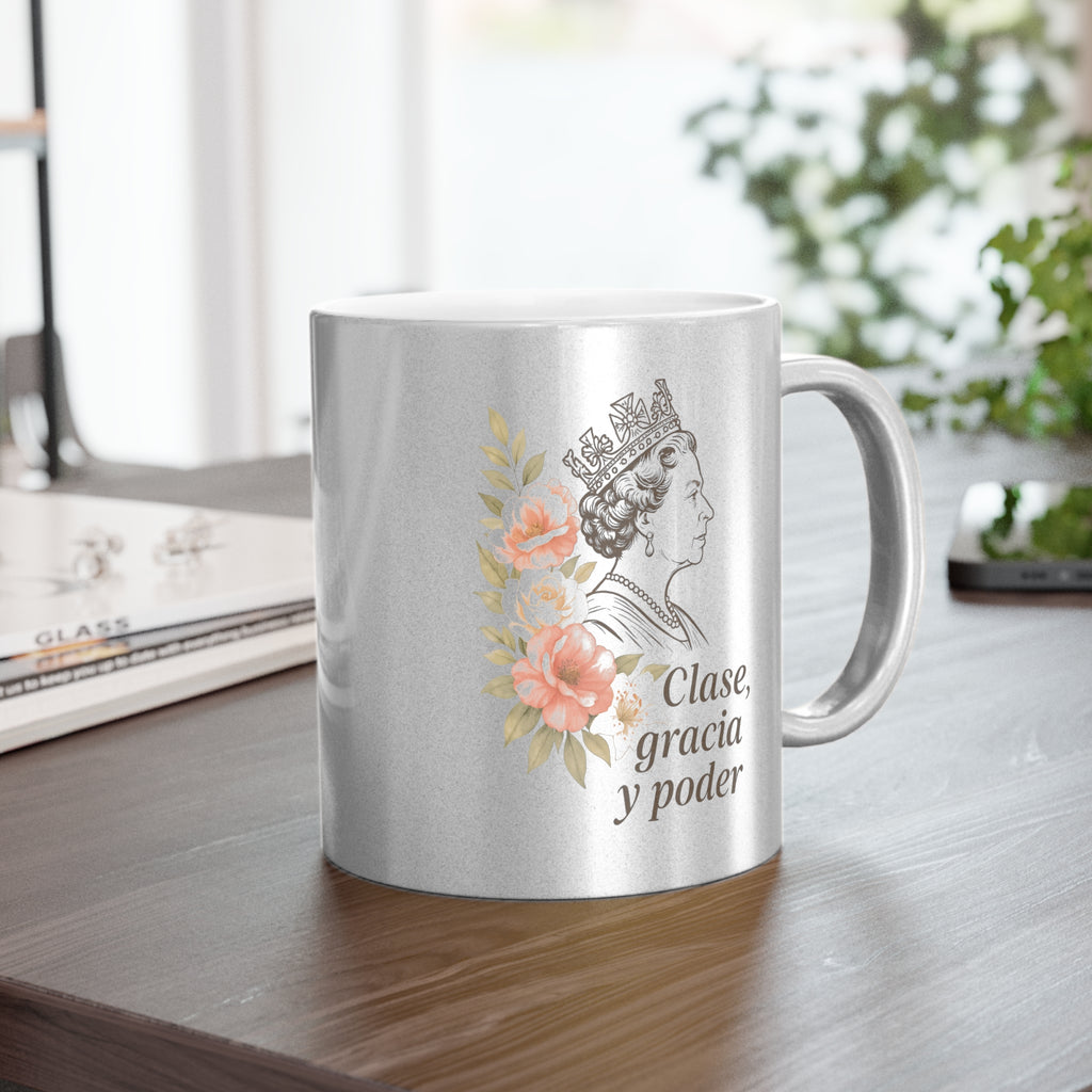 Taza Metálica “Clase, Gracia y Poder” Acabado Plata, Regalo de Lujo para Mujer